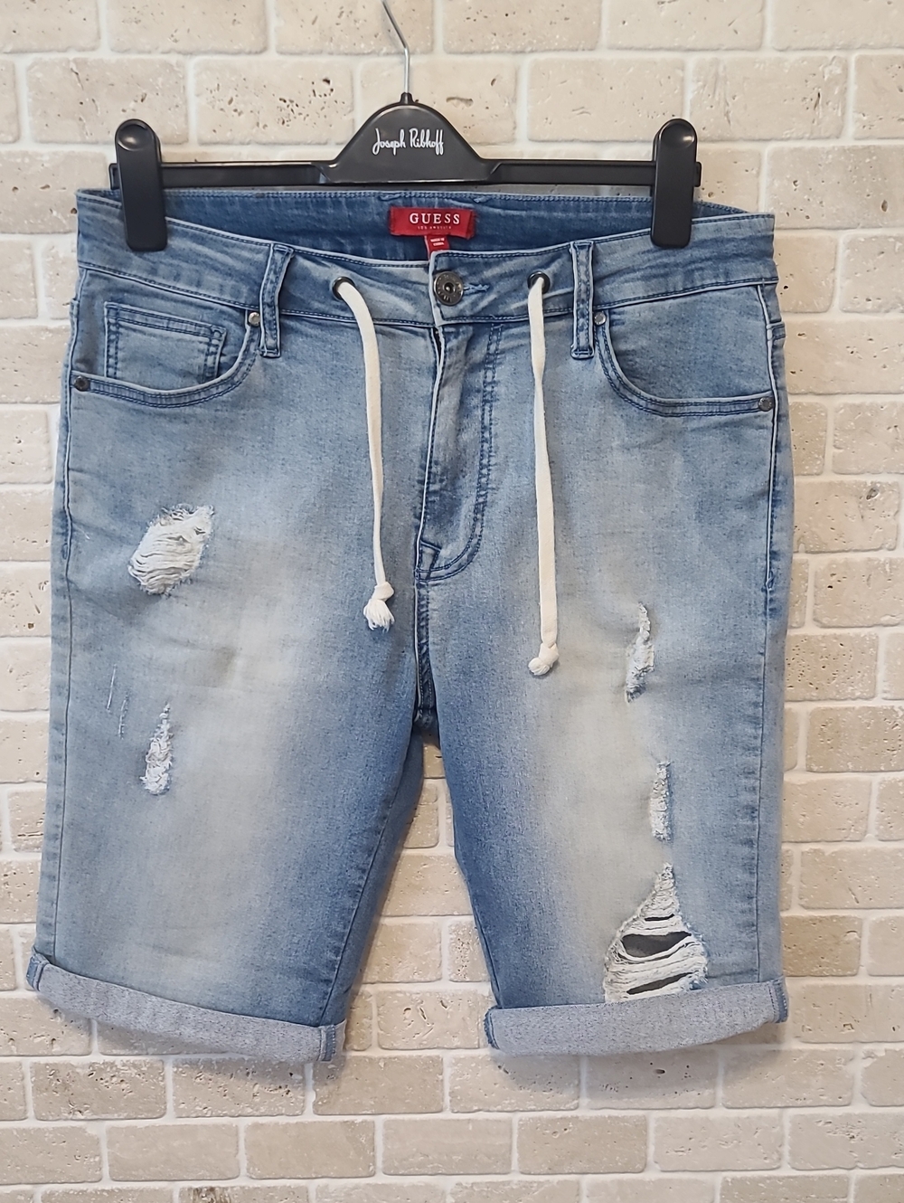 GUESS Light Blue Distressed Denim Drawstring Shorts (Sz 33)